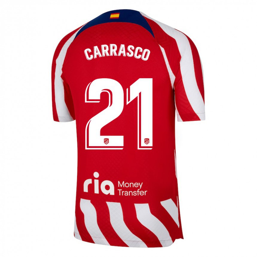 Niño Camiseta Yannick Carrasco #21 Rojo Blanco Azul 1ª Equipación 2022/23 La Camisa