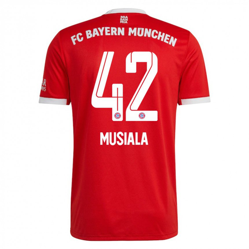 Niño Camiseta Jamal Musiala #42 Neon Rojo Blanco 1ª Equipación 2022/23 La Camisa