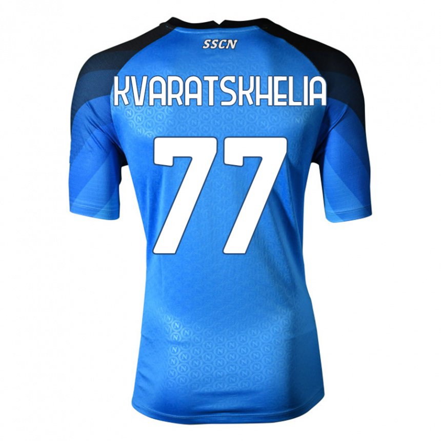 Niño Camiseta Khvicha Kvaratskhelia #77 Azul Oscuro Gris 1ª Equipación 2022/23 La Camisa