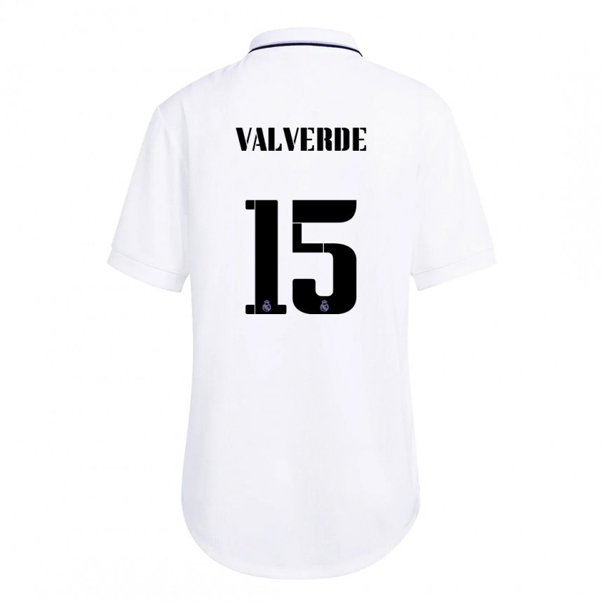 Hombre Camiseta Federico Valverde #15 Blanco Púrpura 1ª Equipación 2022/23 La Camisa