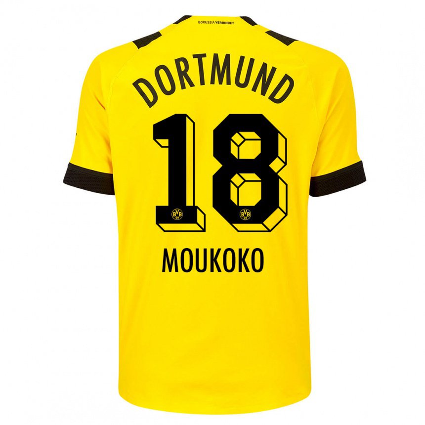 Hombre Camiseta Youssoufa Moukoko #18 Amarillo 1ª Equipación 2022/23 La Camisa