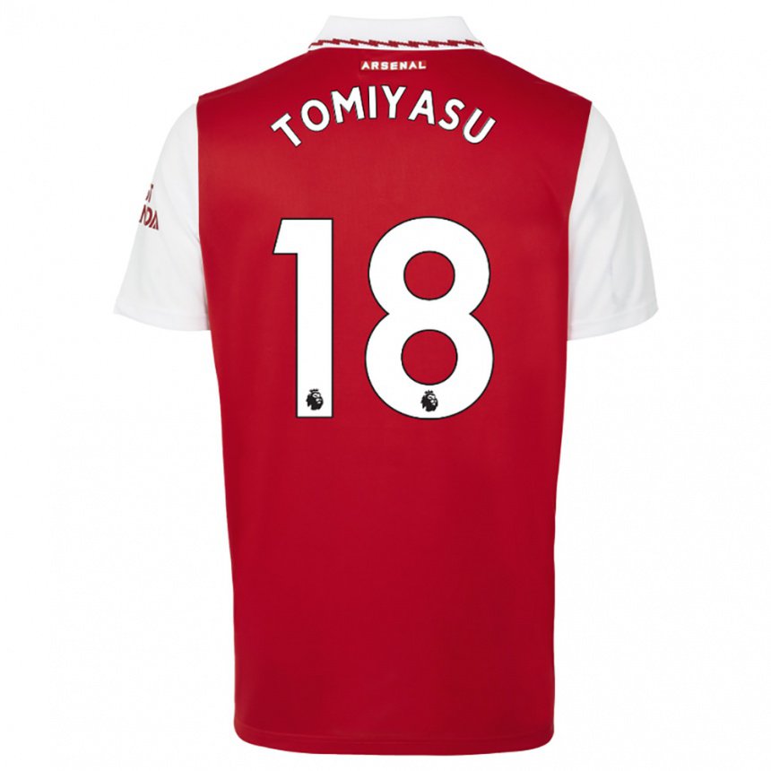 Hombre Camiseta Takehiro Tomiyasu #18 Rojo Blanco 1ª Equipación 2022/23 La Camisa