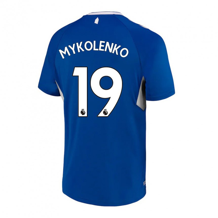 Hombre Camiseta Vitaliy Mykolenko #19 Azul Oscuro Blanco 1ª Equipación 2022/23 La Camisa
