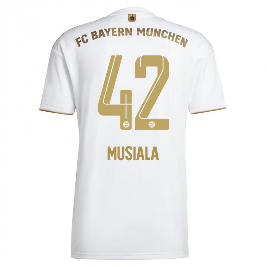 Hombre Camiseta Jamal Musiala #42 Oro Blanco 2ª Equipación 2022/23 La Camisa