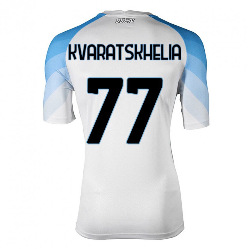 Hombre Camiseta Khvicha Kvaratskhelia #77 Blanco Cielo Azul 2ª Equipación 2022/23 La Camisa