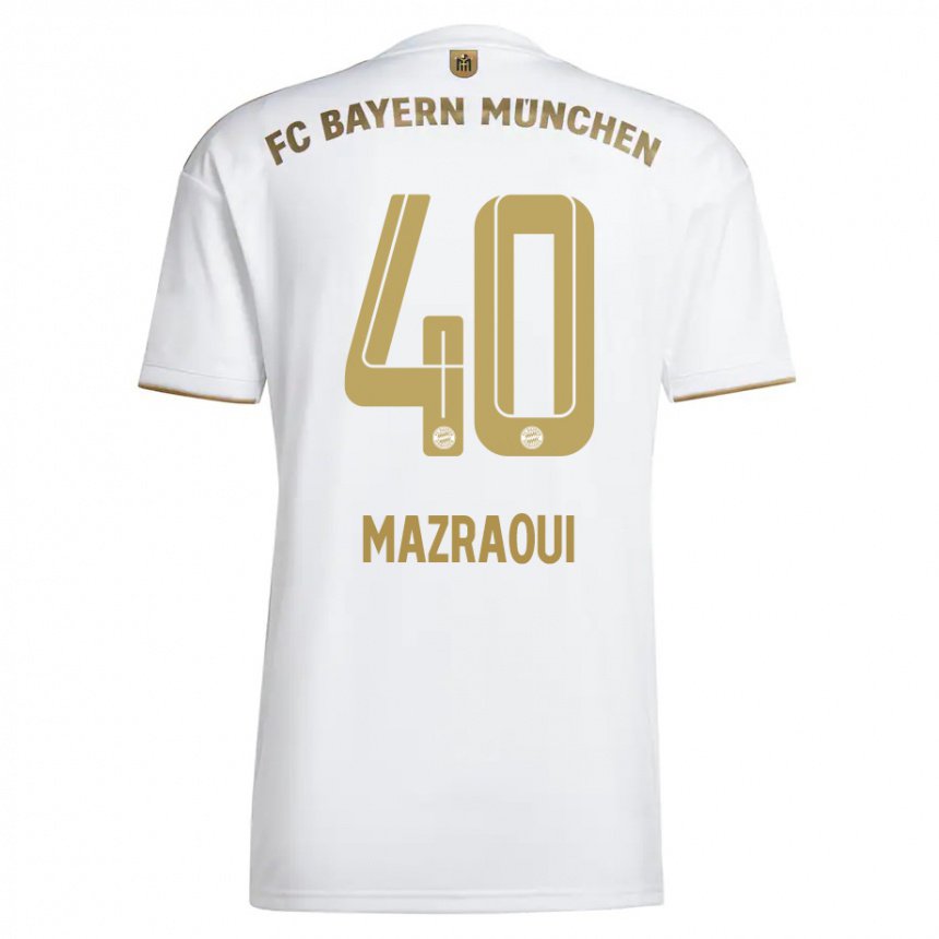 Mujer Camiseta Noussair Mazraoui #40 Oro Blanco 2ª Equipación 2022/23 La Camisa