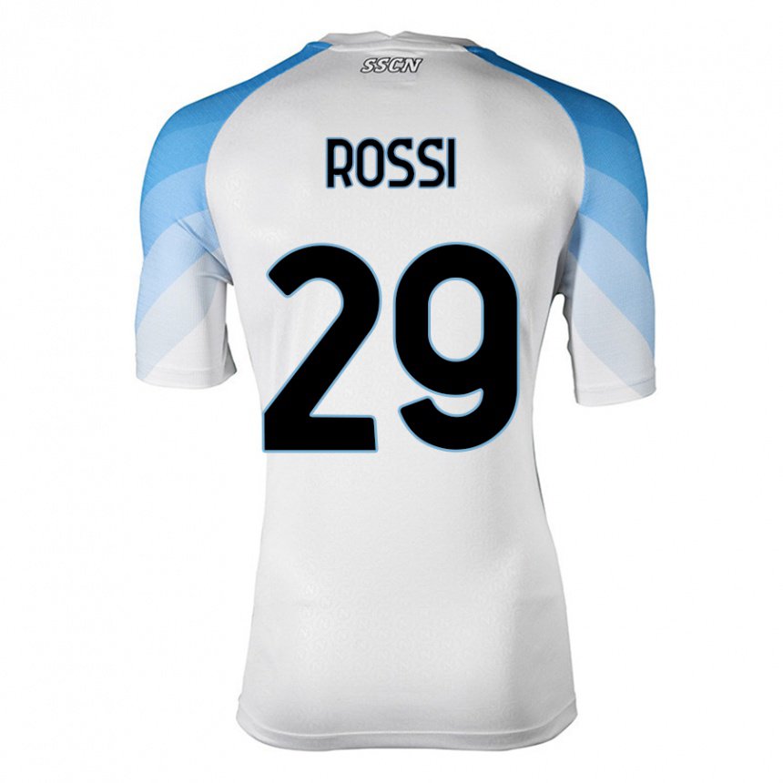 Mujer Camiseta Francesco Rossi #29 Blanco Cielo Azul 2ª Equipación 2022/23 La Camisa