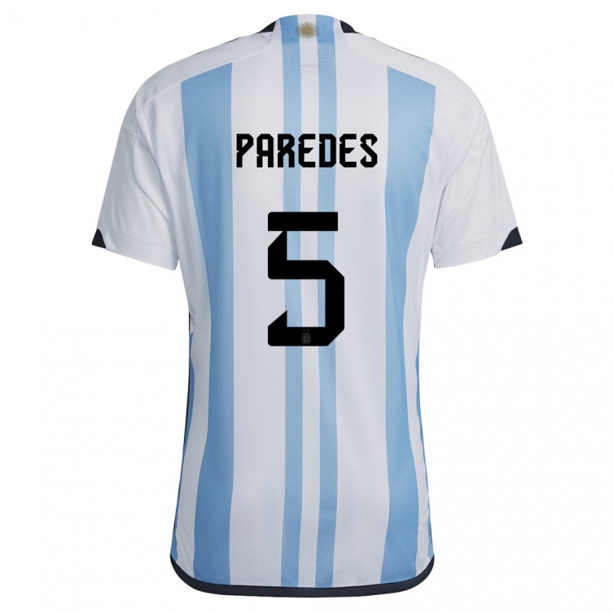 Niño Camiseta Argentina Leandro Paredes #5 Blanco Cielo Azul 1ª Equipación 22-24 La Camisa