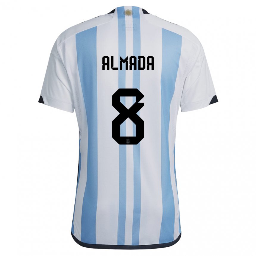 Niño Camiseta Argentina Thiago Almada #8 Blanco Cielo Azul 1ª Equipación 22-24 La Camisa