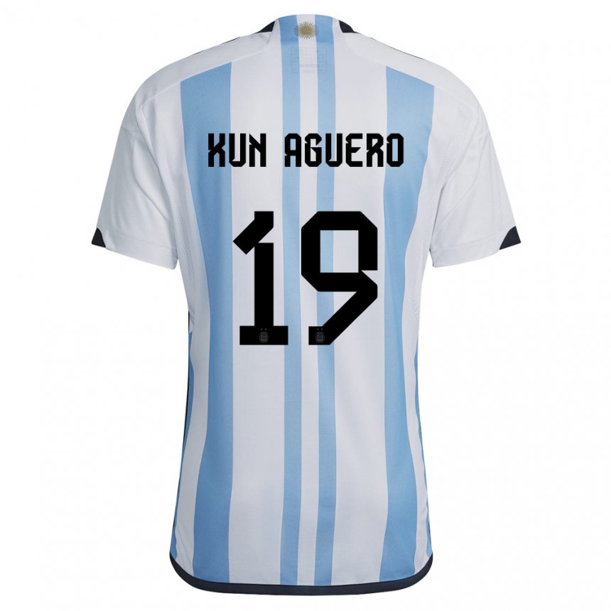 Hombre Camiseta Argentina Sergio Aguero #19 Blanco Cielo Azul 1ª Equipación 22-24 La Camisa