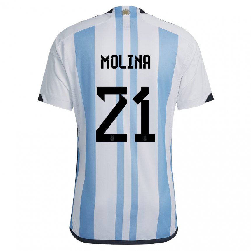 Hombre Camiseta Argentina Nahuel Molina #21 Blanco Cielo Azul 1ª Equipación 22-24 La Camisa