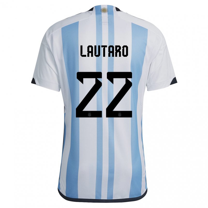 Hombre Camiseta Argentina Lautaro Martinez #22 Blanco Cielo Azul 1ª Equipación 22-24 La Camisa