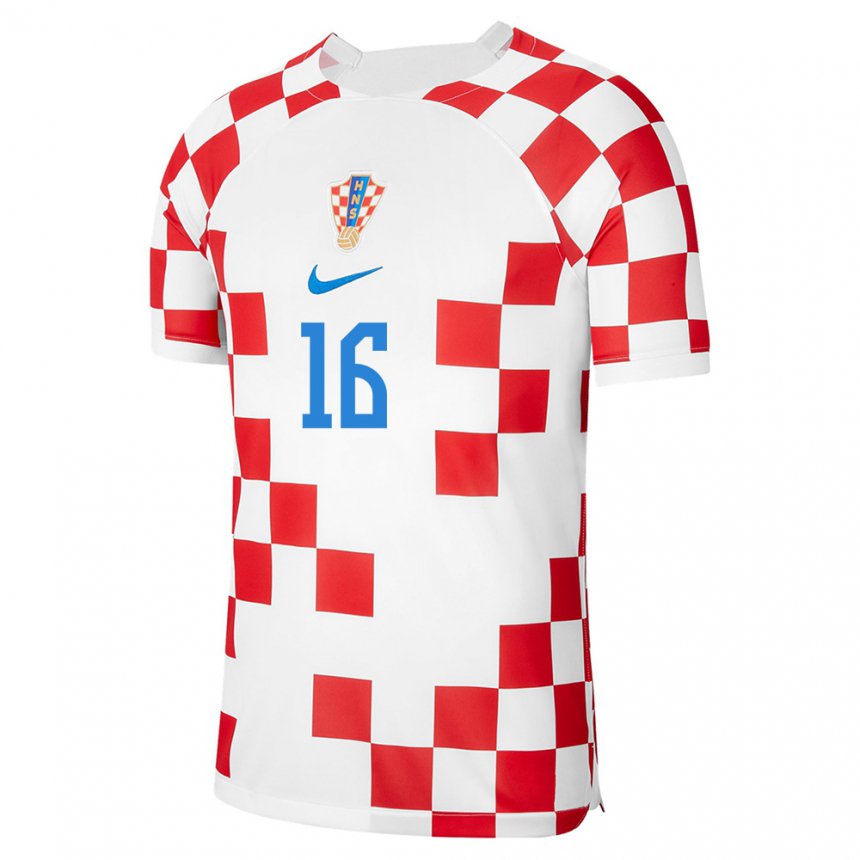 Hombre Camiseta Croacia Kristijan Jakic #16 Rojo Blanco 1ª Equipación 22-24 La Camisa