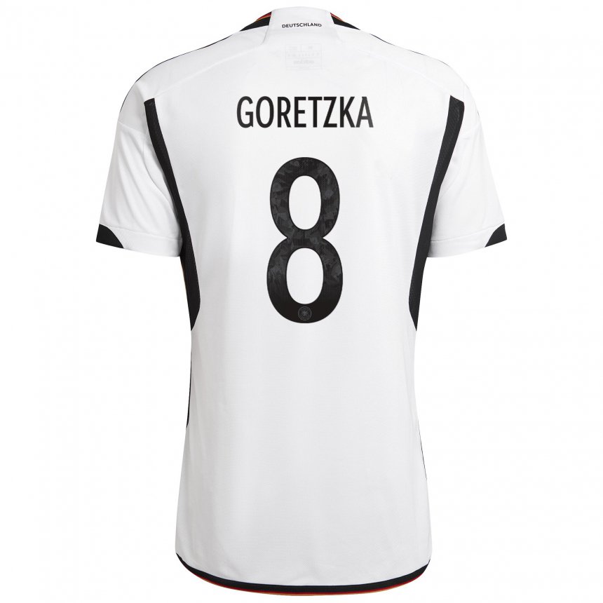 Hombre Camiseta Alemania Leon Goretzka #8 Blanco Negro 1ª Equipación 22-24 La Camisa