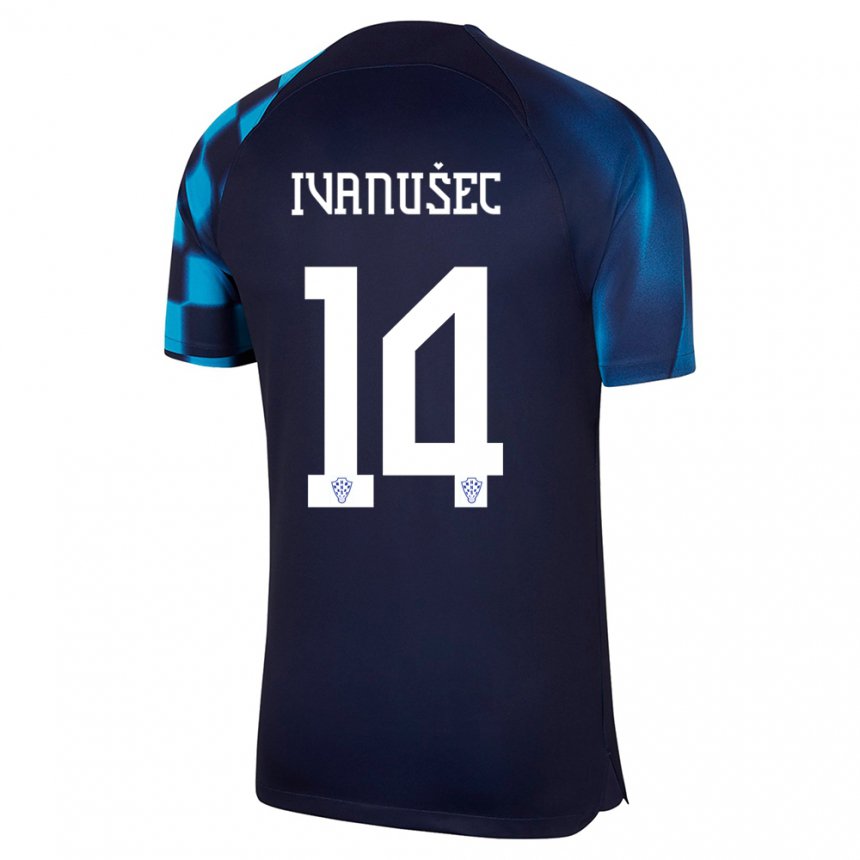 Hombre Camiseta Croacia Luka Ivanusec #14 Azul Oscuro 2ª Equipación 22-24 La Camisa