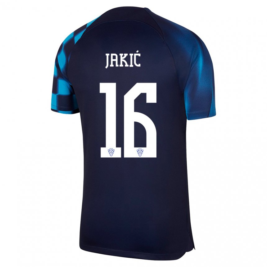 Hombre Camiseta Croacia Kristijan Jakic #16 Azul Oscuro 2ª Equipación 22-24 La Camisa