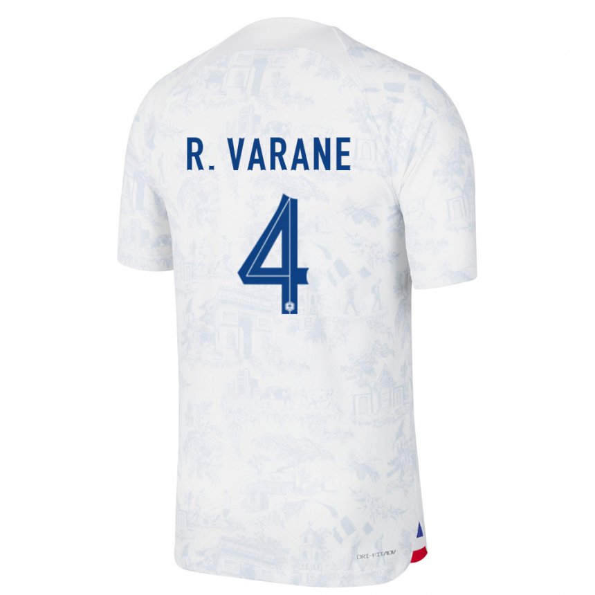 Hombre Camiseta Francia Raphael Varane #4 Blanco Azul 2ª Equipación 22-24 La Camisa