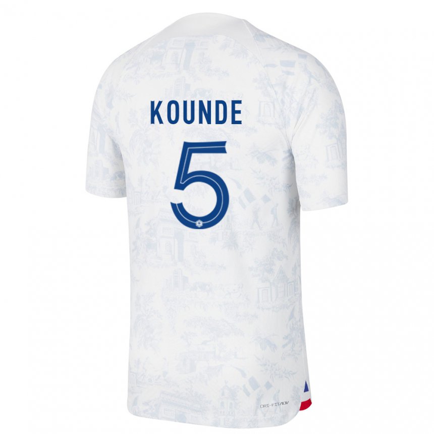 Hombre Camiseta Francia Jules Kounde #5 Blanco Azul 2ª Equipación 22-24 La Camisa