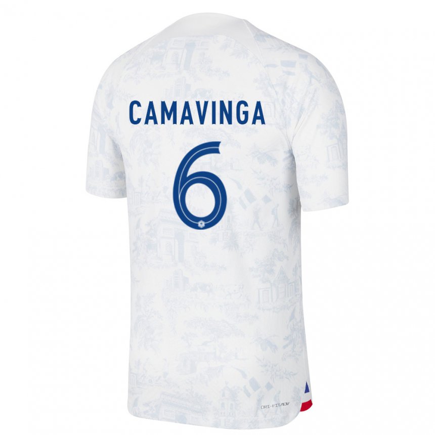Hombre Camiseta Francia Eduardo Camavinga #6 Blanco Azul 2ª Equipación 22-24 La Camisa