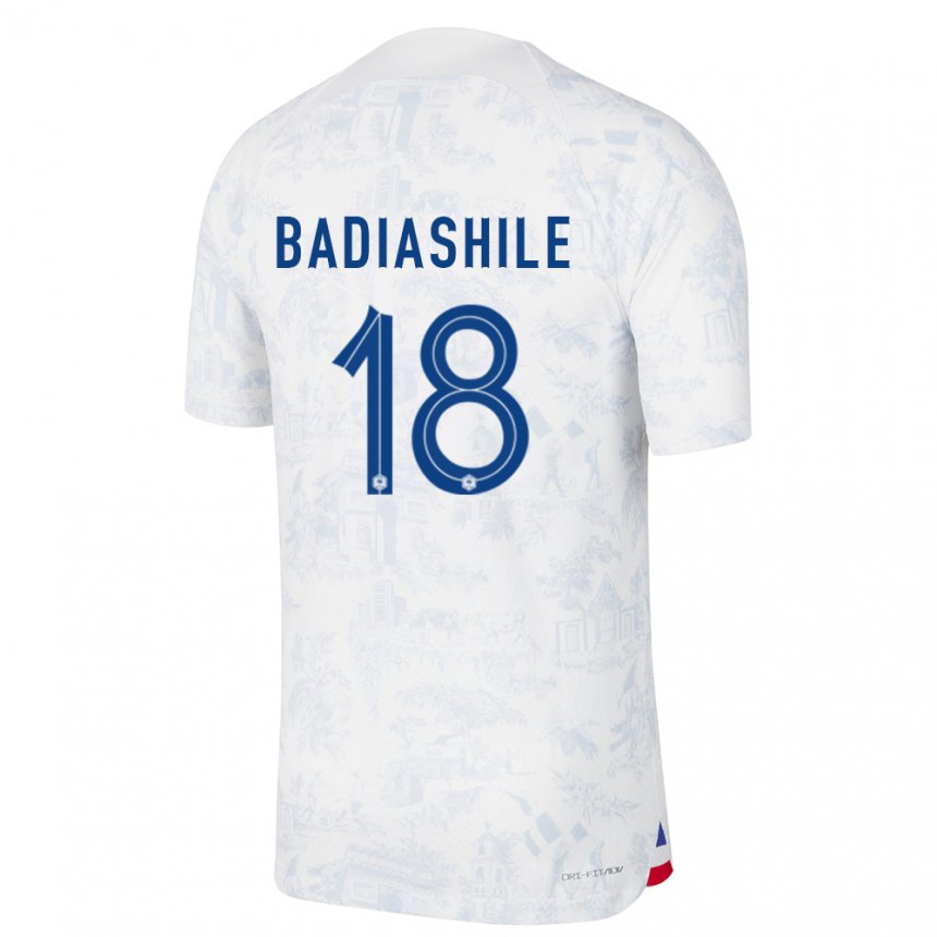 Hombre Camiseta Francia Benoit Badiashile #18 Blanco Azul 2ª Equipación 22-24 La Camisa