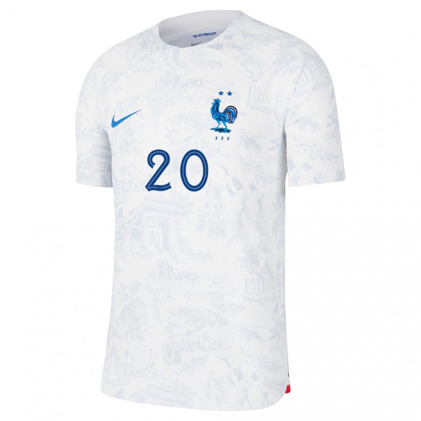 Hombre Camiseta Francia Randal Kolo Muani #20 Blanco Azul 2ª Equipación 22-24 La Camisa