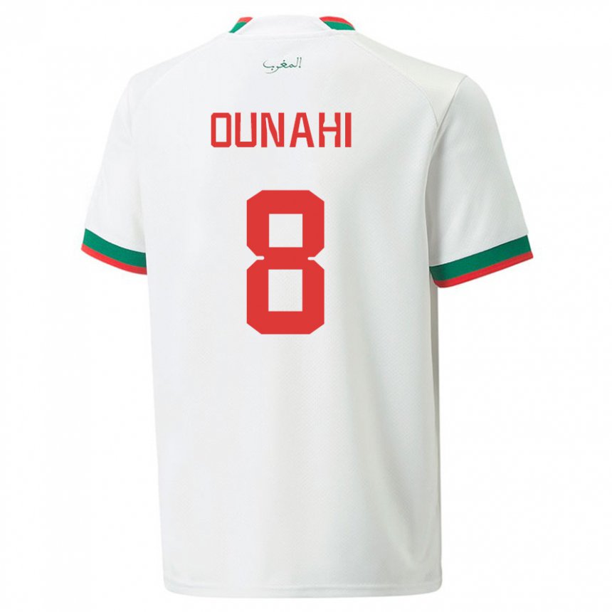 Hombre Camiseta Marruecos Azzeddine Ounahi #8 Blanco 2ª Equipación 22-24 La Camisa