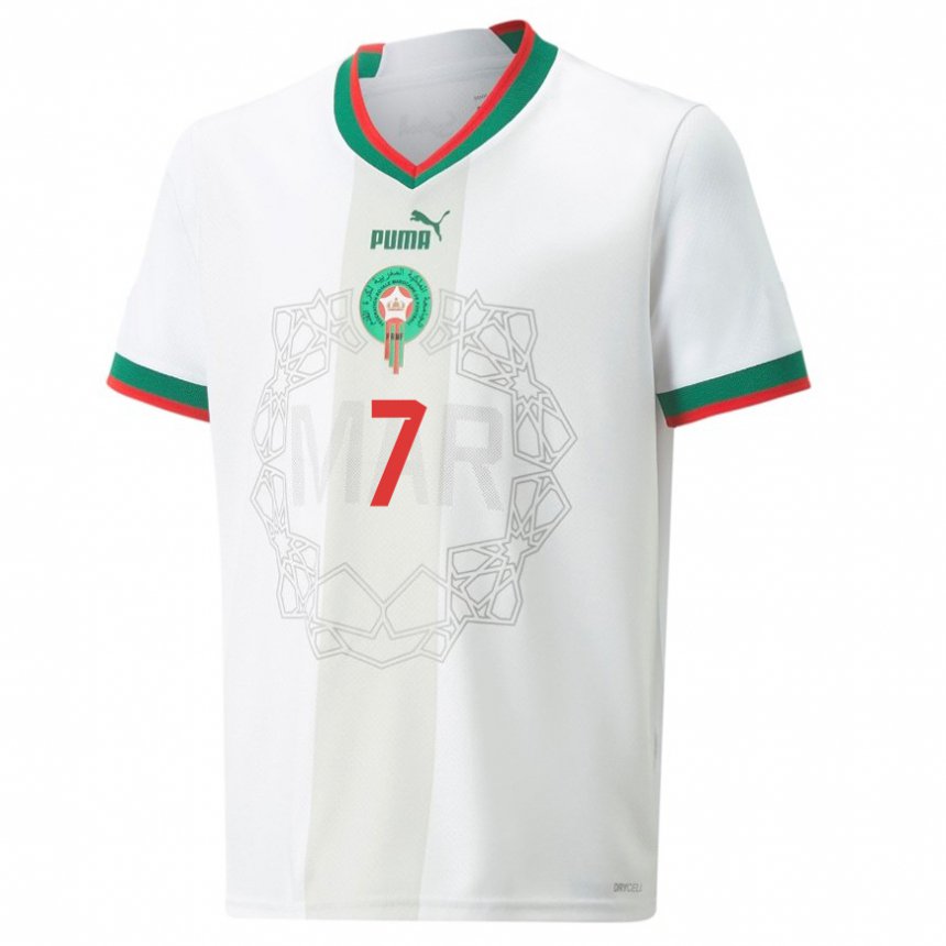 Hombre Camiseta Marruecos Hamza El Moussaoui #7 Blanco 2ª Equipación 22-24 La Camisa