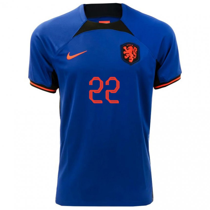 Hombre Camiseta Países Bajos Denzel Dumfries #22 Azul Real 2ª Equipación 22-24 La Camisa