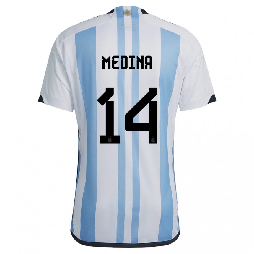 Mujer Camiseta Argentina Facundo Medina #14 Blanco Cielo Azul 1ª Equipación 22-24 La Camisa