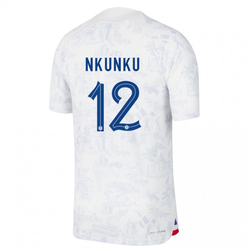 Mujer Camiseta Francia Christopher Nkunku #12 Blanco Azul 2ª Equipación 22-24 La Camisa