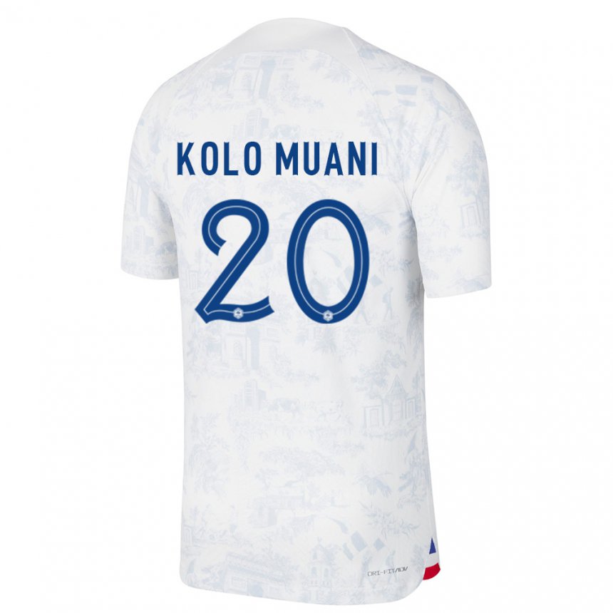 Mujer Camiseta Francia Randal Kolo Muani #20 Blanco Azul 2ª Equipación 22-24 La Camisa