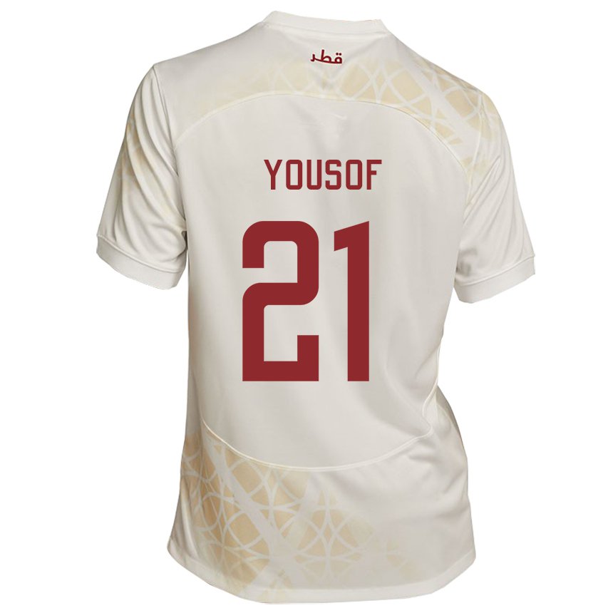 Mujer Camiseta Catar Yousof Hassan #21 Beis Dorado 2ª Equipación 22-24 La Camisa