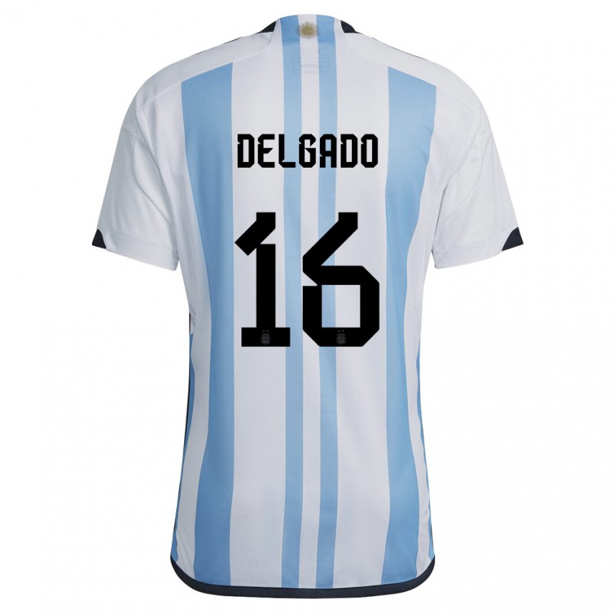 Niño Camiseta Argentina Marina Delgado #16 Blanco Cielo Azul 1ª Equipación 22-24 La Camisa