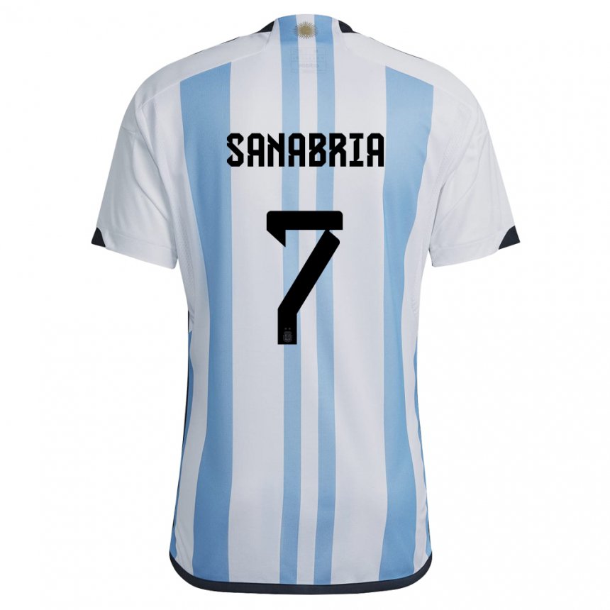Niño Camiseta Argentina Mateo Sanabria #7 Blanco Cielo Azul 1ª Equipación 22-24 La Camisa