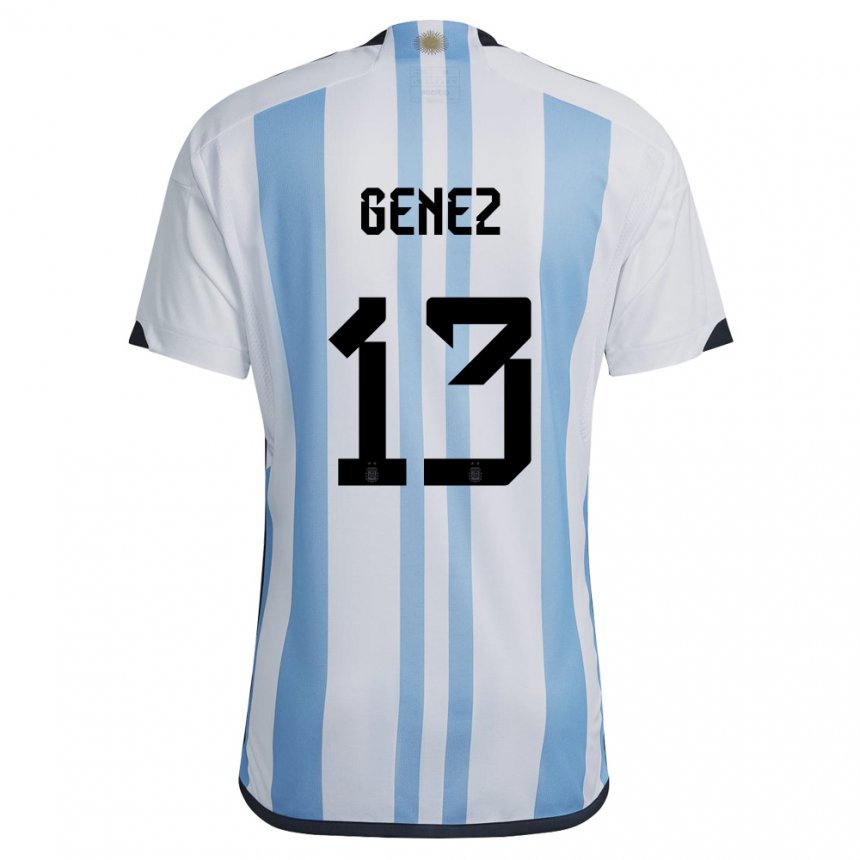 Niño Camiseta Argentina Nahuel Genez #13 Blanco Cielo Azul 1ª Equipación 22-24 La Camisa