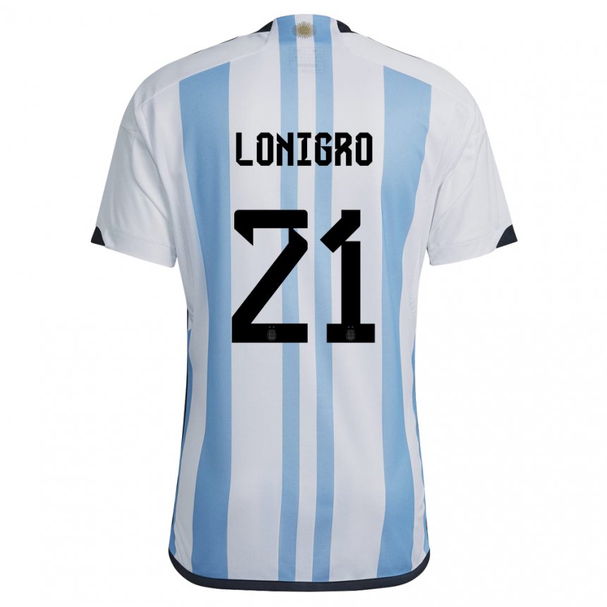 Hombre Camiseta Argentina Erica Lonigro #21 Blanco Cielo Azul 1ª Equipación 22-24 La Camisa