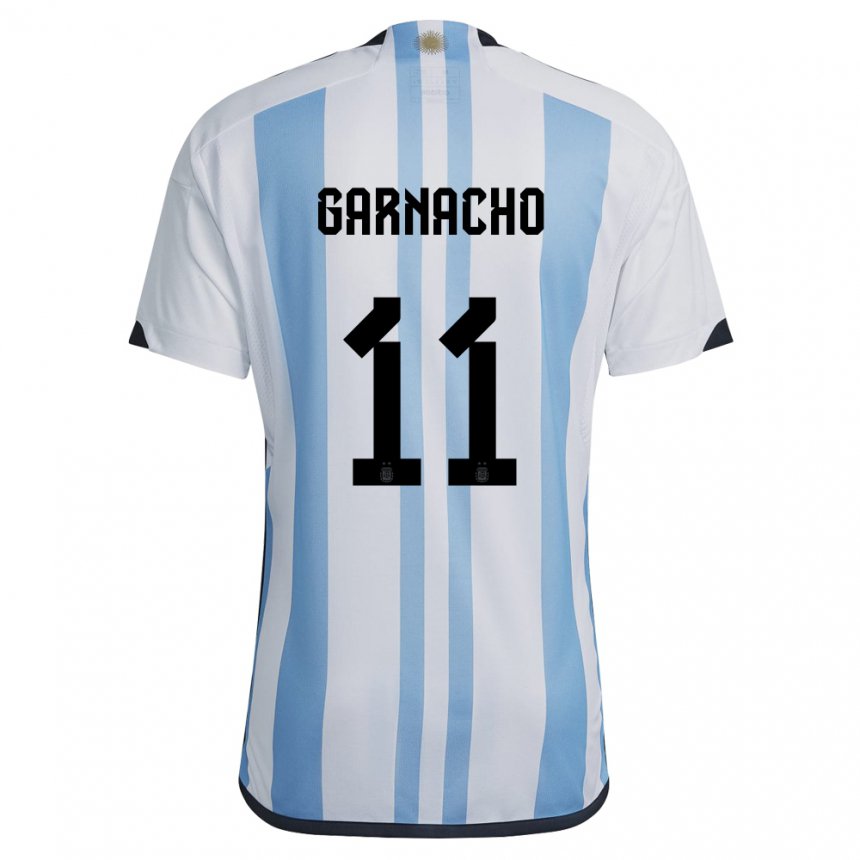 Hombre Camiseta Argentina Alejandro Garnacho #11 Blanco Cielo Azul 1ª Equipación 22-24 La Camisa