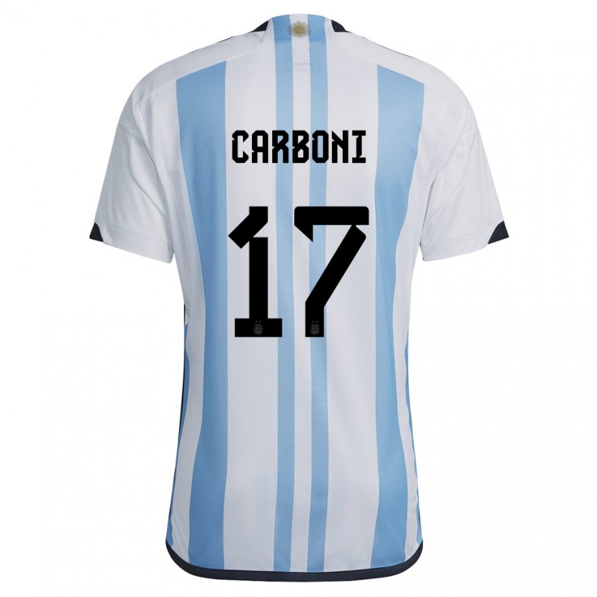 Hombre Camiseta Argentina Valentin Carboni #17 Blanco Cielo Azul 1ª Equipación 22-24 La Camisa