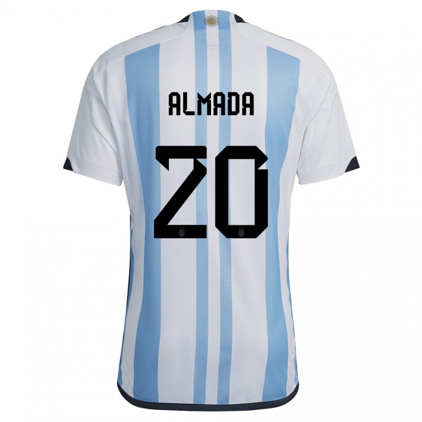 Hombre Camiseta Argentina Thiago Almada #20 Blanco Cielo Azul 1ª Equipación 22-24 La Camisa