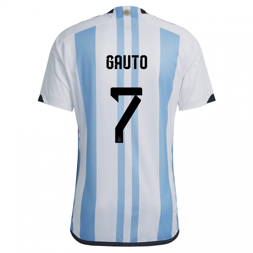 Hombre Camiseta Argentina Juan Gauto #7 Blanco Cielo Azul 1ª Equipación 22-24 La Camisa