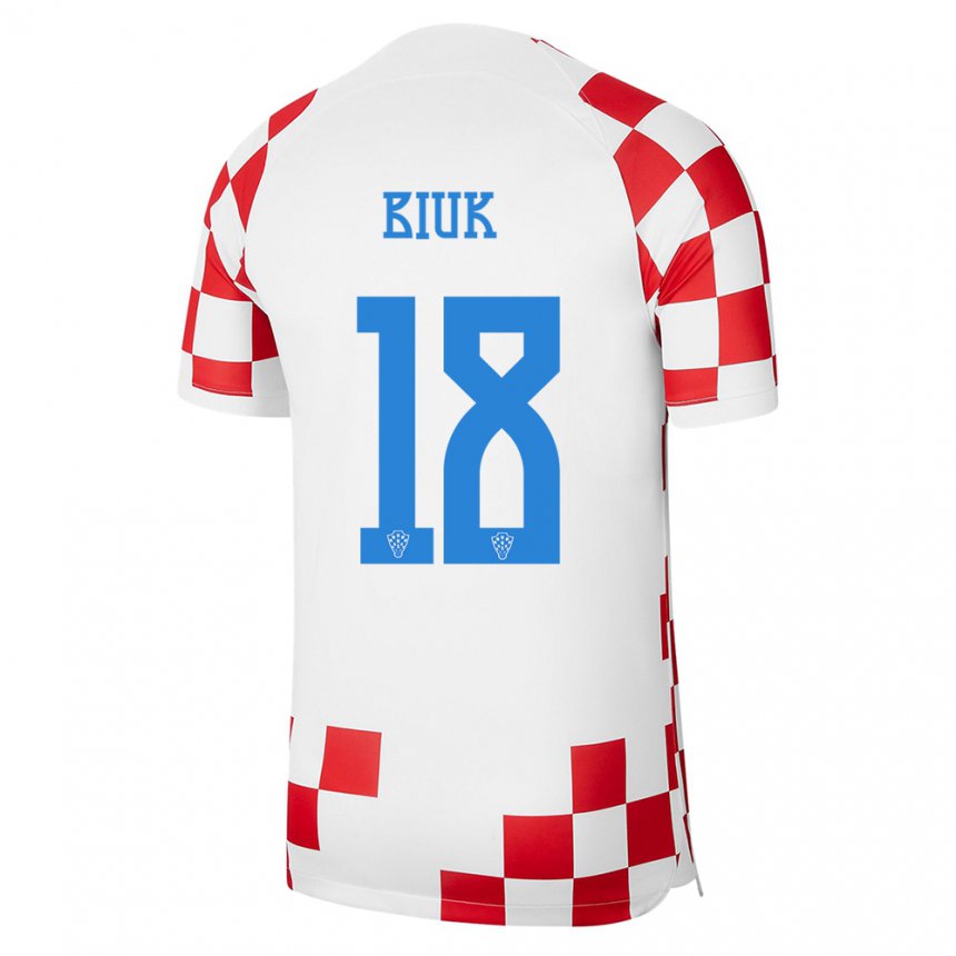 Hombre Camiseta Croacia Stipe Biuk #18 Rojo Blanco 1ª Equipación 22-24 La Camisa