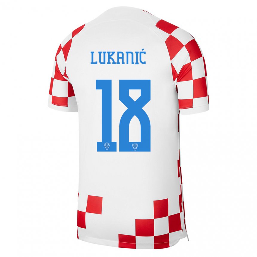 Hombre Camiseta Croacia Luka Lukanic #18 Rojo Blanco 1ª Equipación 22-24 La Camisa