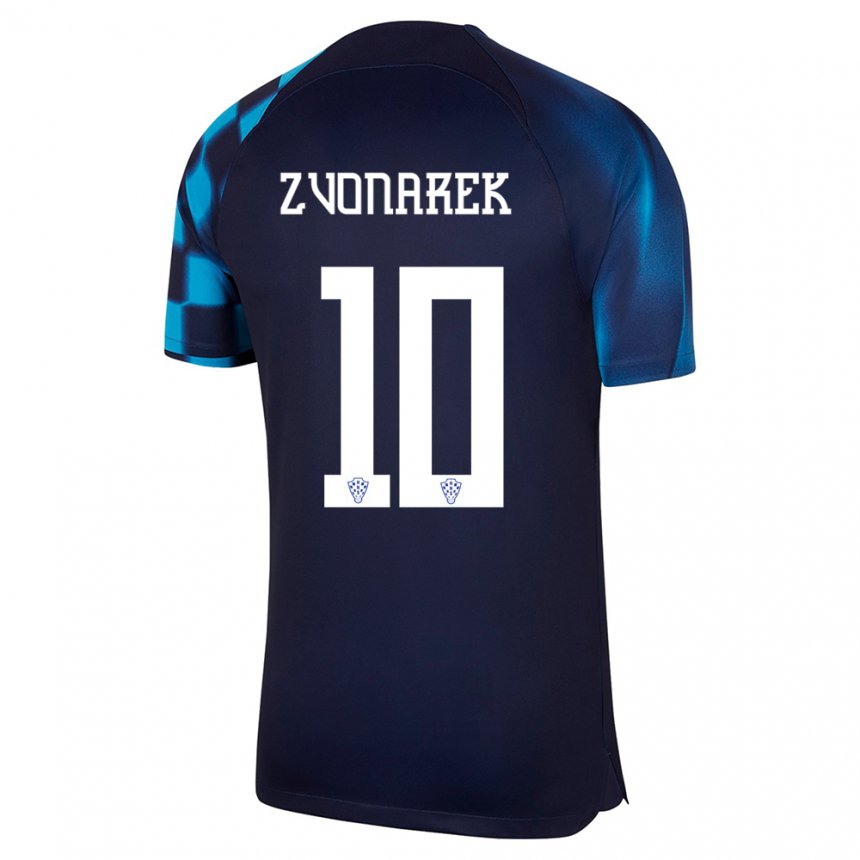 Hombre Camiseta Croacia Lovro Zvonarek #10 Azul Oscuro 2ª Equipación 22-24 La Camisa