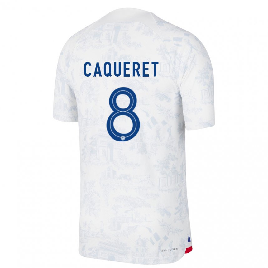 Hombre Camiseta Francia Maxence Caqueret #8 Blanco Azul 2ª Equipación 22-24 La Camisa