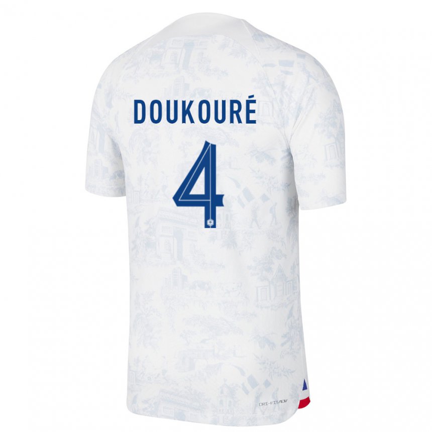 Hombre Camiseta Francia Ismael Doukoure #4 Blanco Azul 2ª Equipación 22-24 La Camisa
