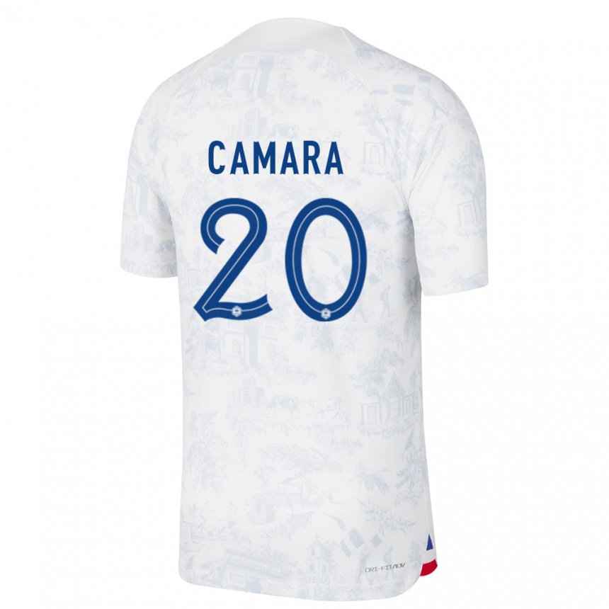 Hombre Camiseta Francia Ousmane Camara #20 Blanco Azul 2ª Equipación 22-24 La Camisa