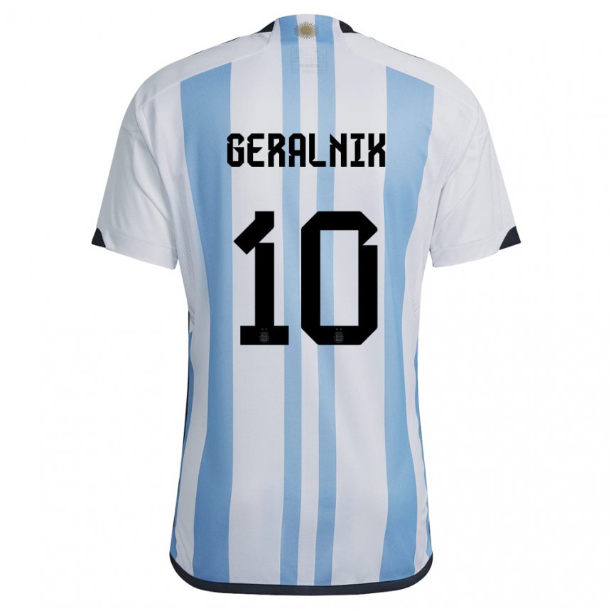 Mujer Camiseta Argentina Tiago Geralnik #10 Blanco Cielo Azul 1ª Equipación 22-24 La Camisa