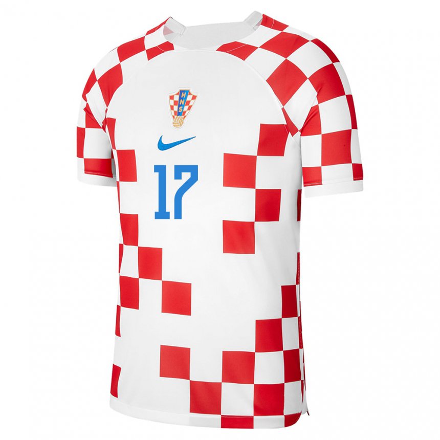 Mujer Camiseta Croacia Jakov Anton Vasilj #17 Rojo Blanco 1ª Equipación 22-24 La Camisa
