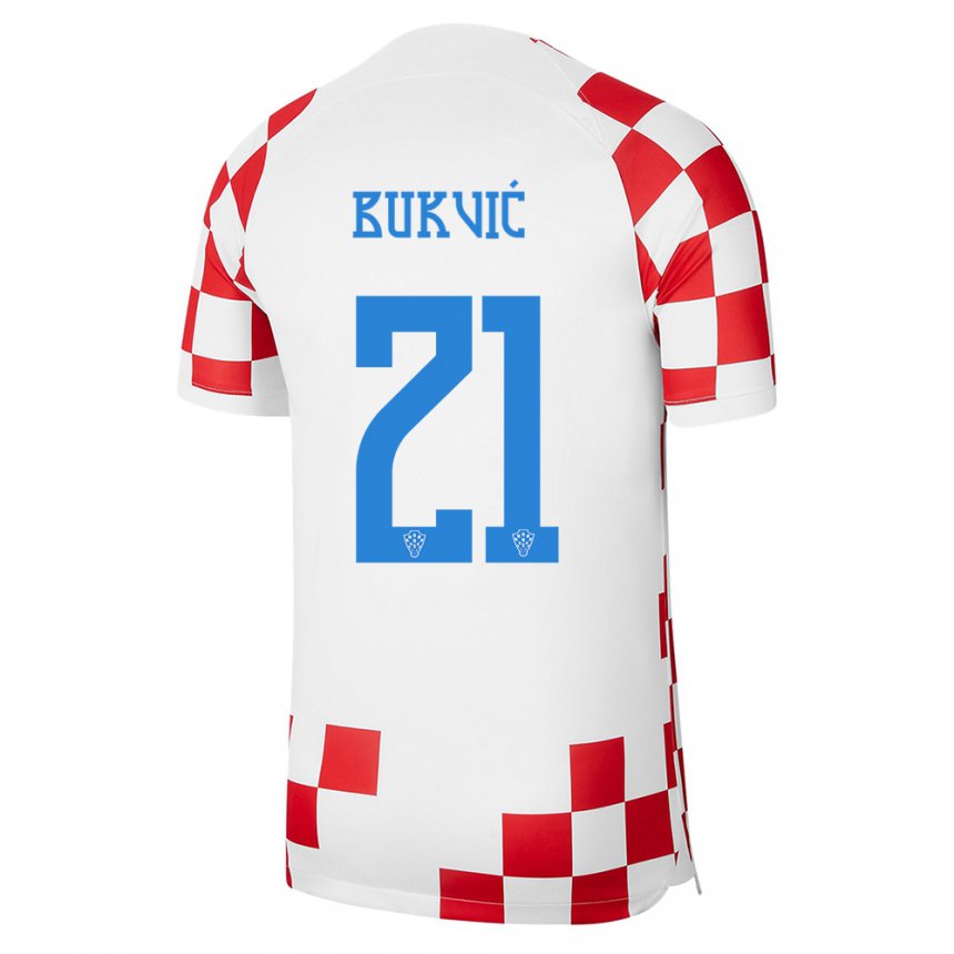 Mujer Camiseta Croacia Domagoj Bukvic #21 Rojo Blanco 1ª Equipación 22-24 La Camisa