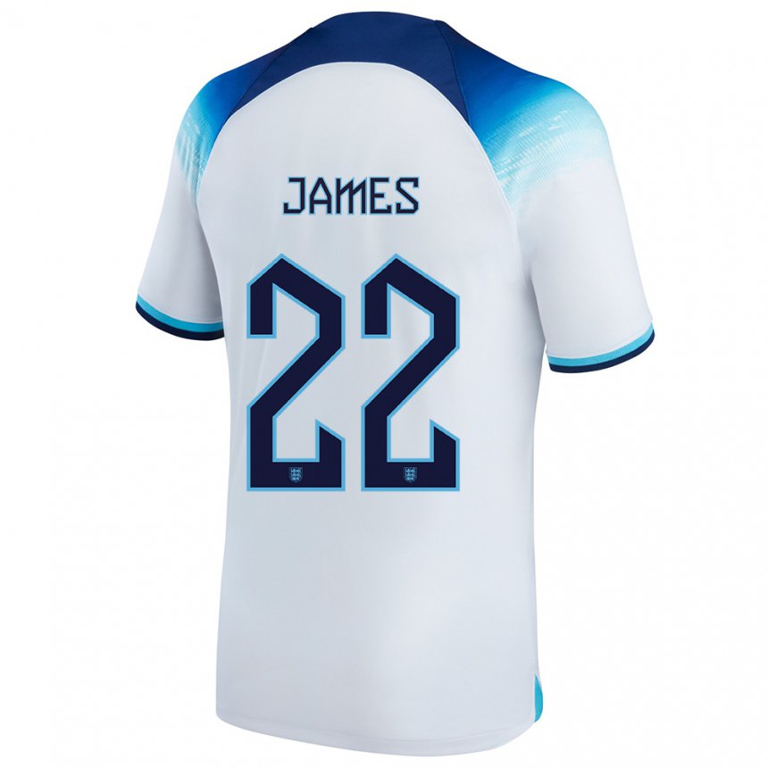 Mujer Camiseta Inglaterra Lauren James #22 Blanco Azul 1ª Equipación 22-24 La Camisa
